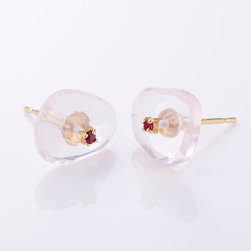 18K Yellow Gold Rose Quartz Rose Cut x Ruby Post Earrings