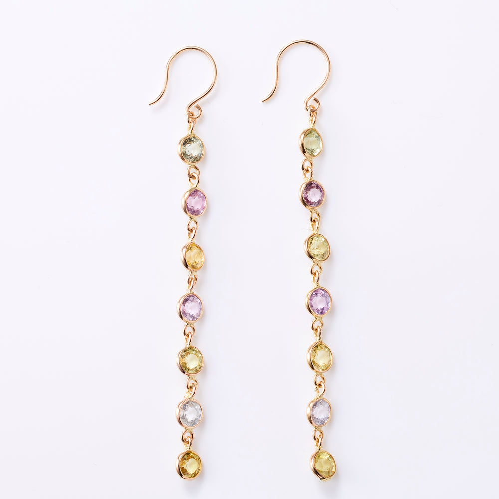 K10YG Precious Sapphire Round Cut Long Earrings