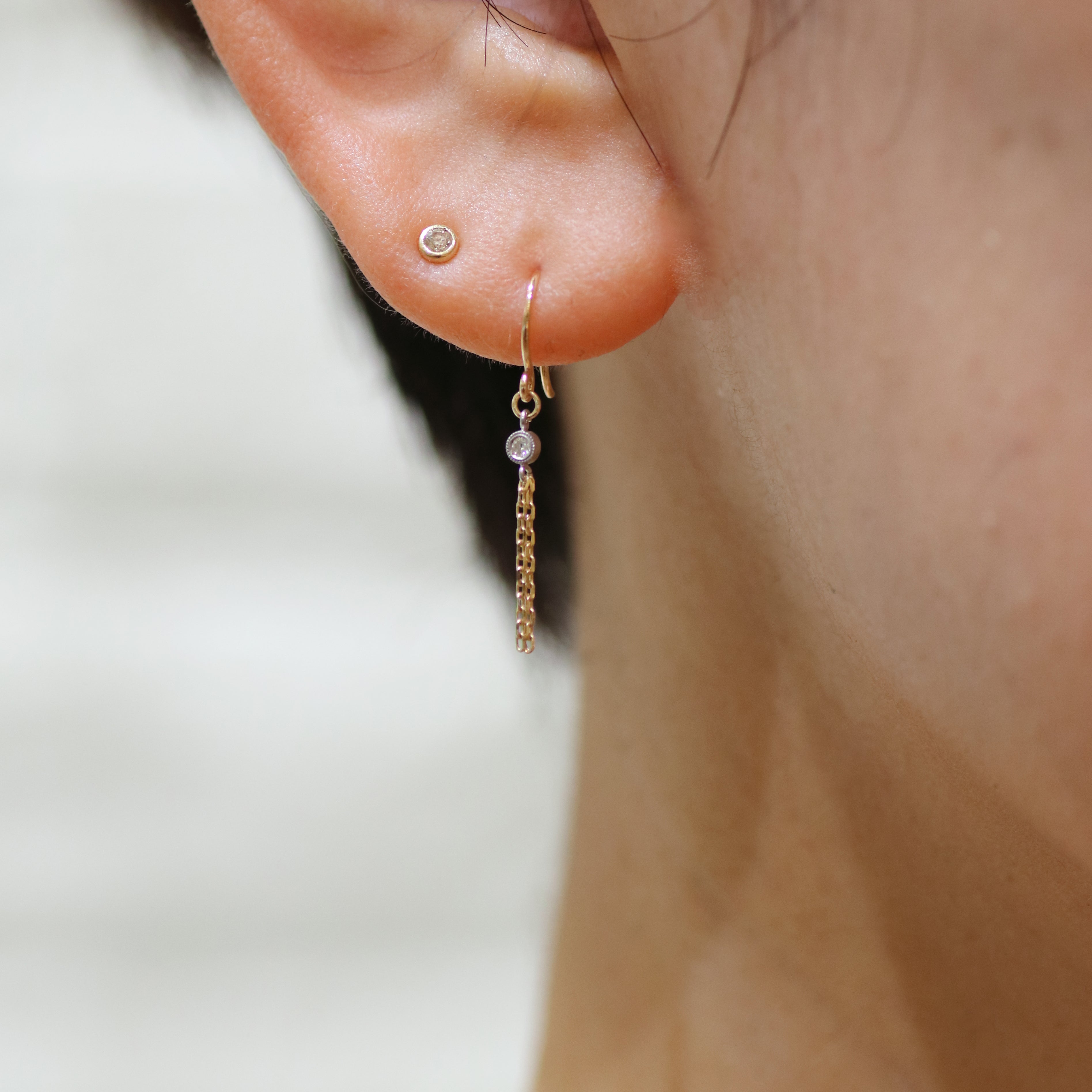 Winter Limited】K10YG 1粒ダイヤ ミルグレイン タッセル ピアス