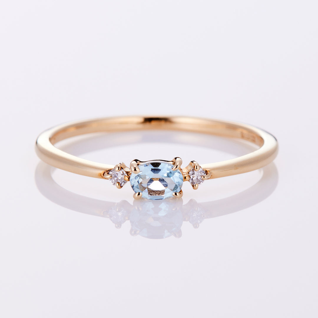 [March Birthstone] 10K Yellow Gold Aquamarine Diamond Birthstone Ring / Birthstone Pinky Ring, Sizes 1-18 [Custom-Made]
