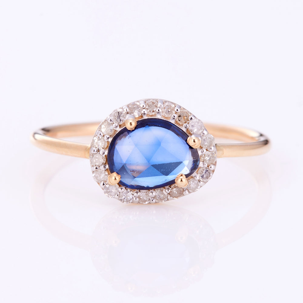 K10YG Sapphire Rose Cut Diamond Ring Blue